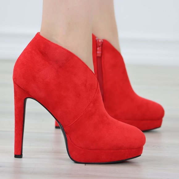 Red Platform Ankle Boots High Heel Stilettos Faux Suede - Picture 3 of 12